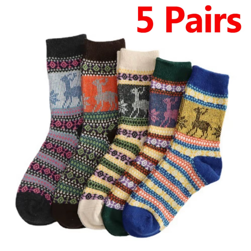 5Pair Women Thick Sock Wool Thermal Warm Knitting Nordic Lady Sock Winter X'Mas