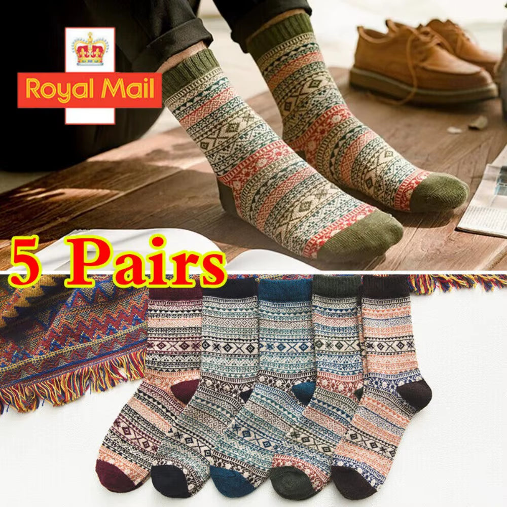 5 Pairs Mens Nordic Thermal Socks Winter Warm Thick Walking Hike Colorful Socks