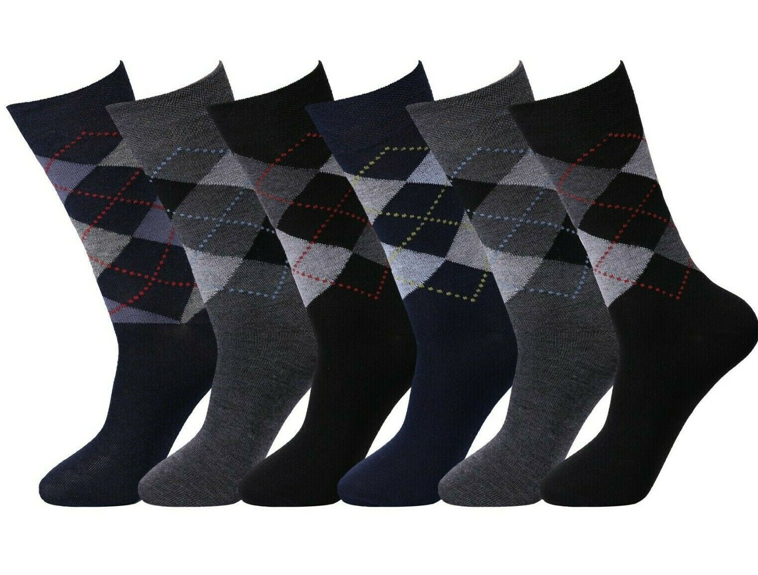 12 Pair Men'S Socks Non Elastic Office Suit Cotton Rich Argyle Diamond Size 6-11