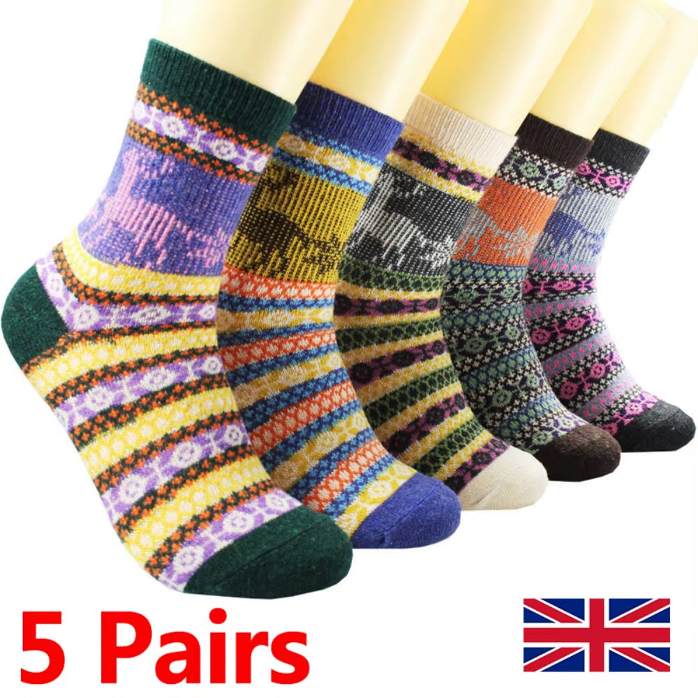 5Pair Women Thick Sock Wool Thermal Warm Knitting Nordic Lady Sock Winter X'Mas