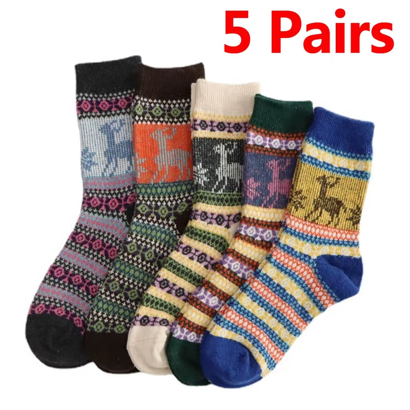 5Pair Women Thick Sock Wool Thermal Warm Knitting Nordic Lady Sock Winter X'Mas