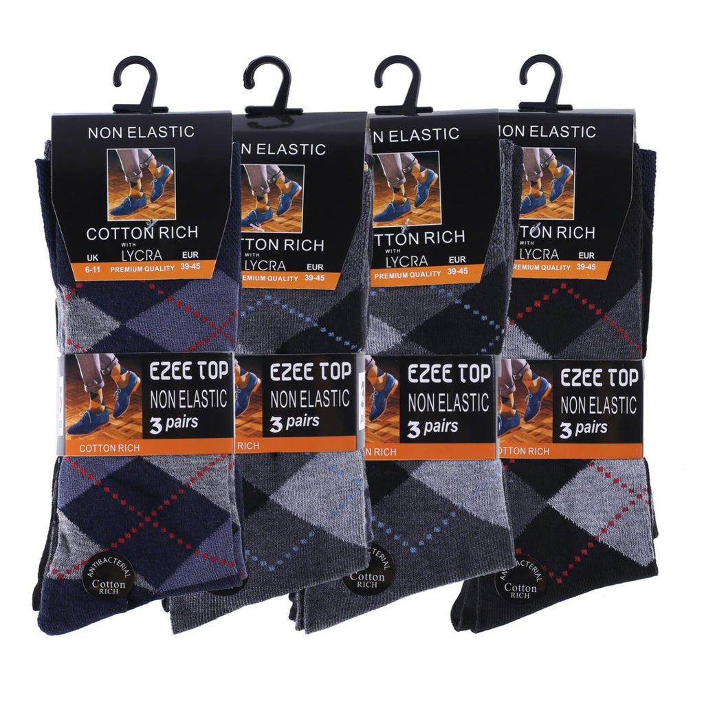 12 Pair Men'S Socks Non Elastic Office Suit Cotton Rich Argyle Diamond Size 6-11