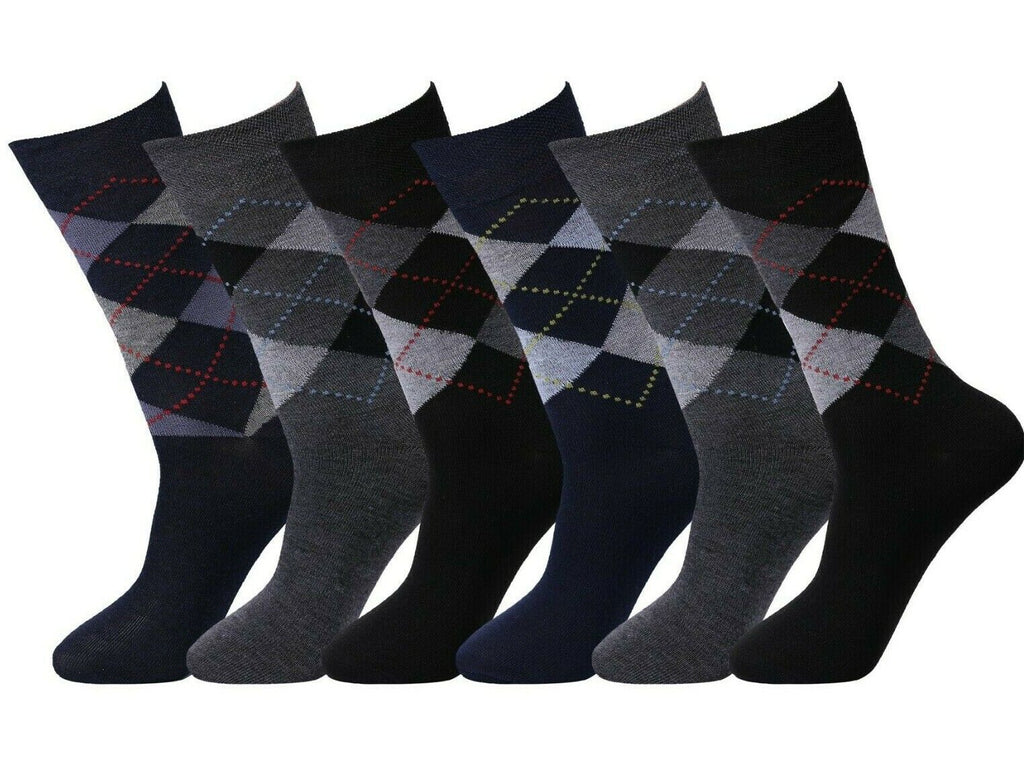 12 Pair Men'S Socks Non Elastic Office Suit Cotton Rich Argyle Diamond Size 6-11